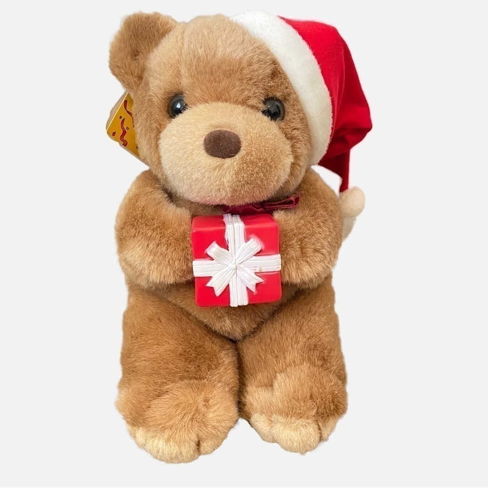 Vintage Prestige 10” Plush Brown Bear With Santa Hat and Present New with Tag